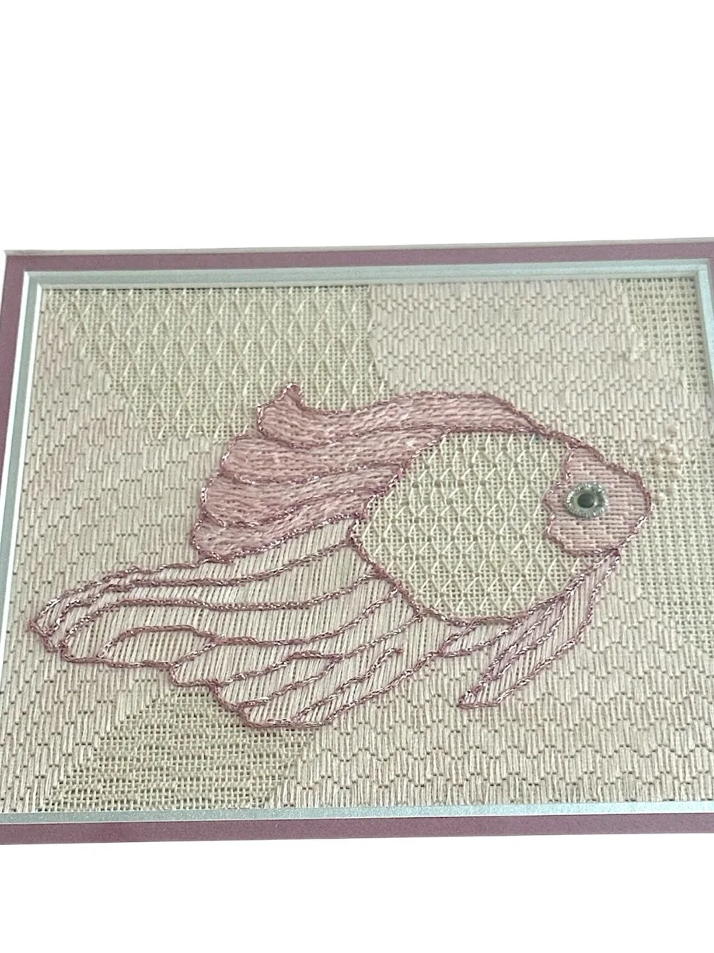 Vintage Pink Fish Needlepoint Embroidery Framed Textile Fiber Art Coastal 12”